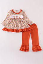 Rust flroal print deer embroidery ruffle pants set