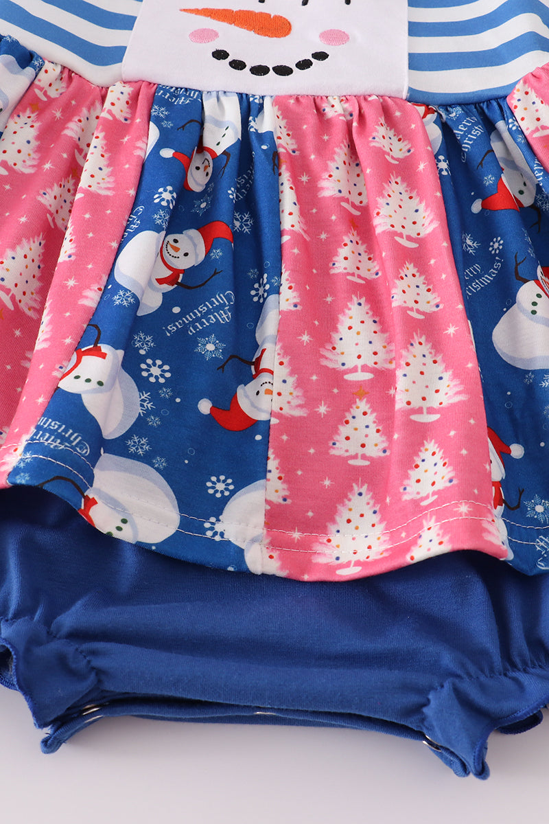 Blue snowman embroidery ruffle bubble