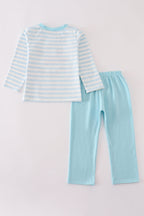 Blue snowman embroidery stripe pants set