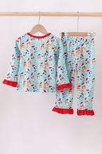 Blue christmas character print pajamas ruffle pants set