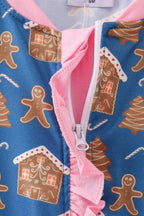 Navy gingerbread print ruffle romper