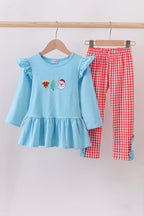 Blue deer tree santa embroidery ruffle pants set