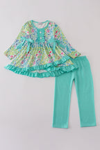 Green meadow splash ruffle pants set