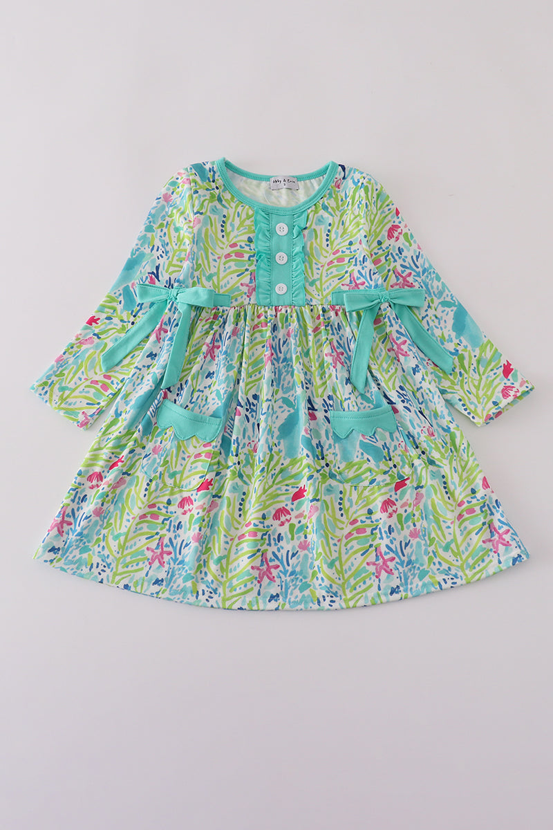 Green Flower Splash Ruffled Dress
