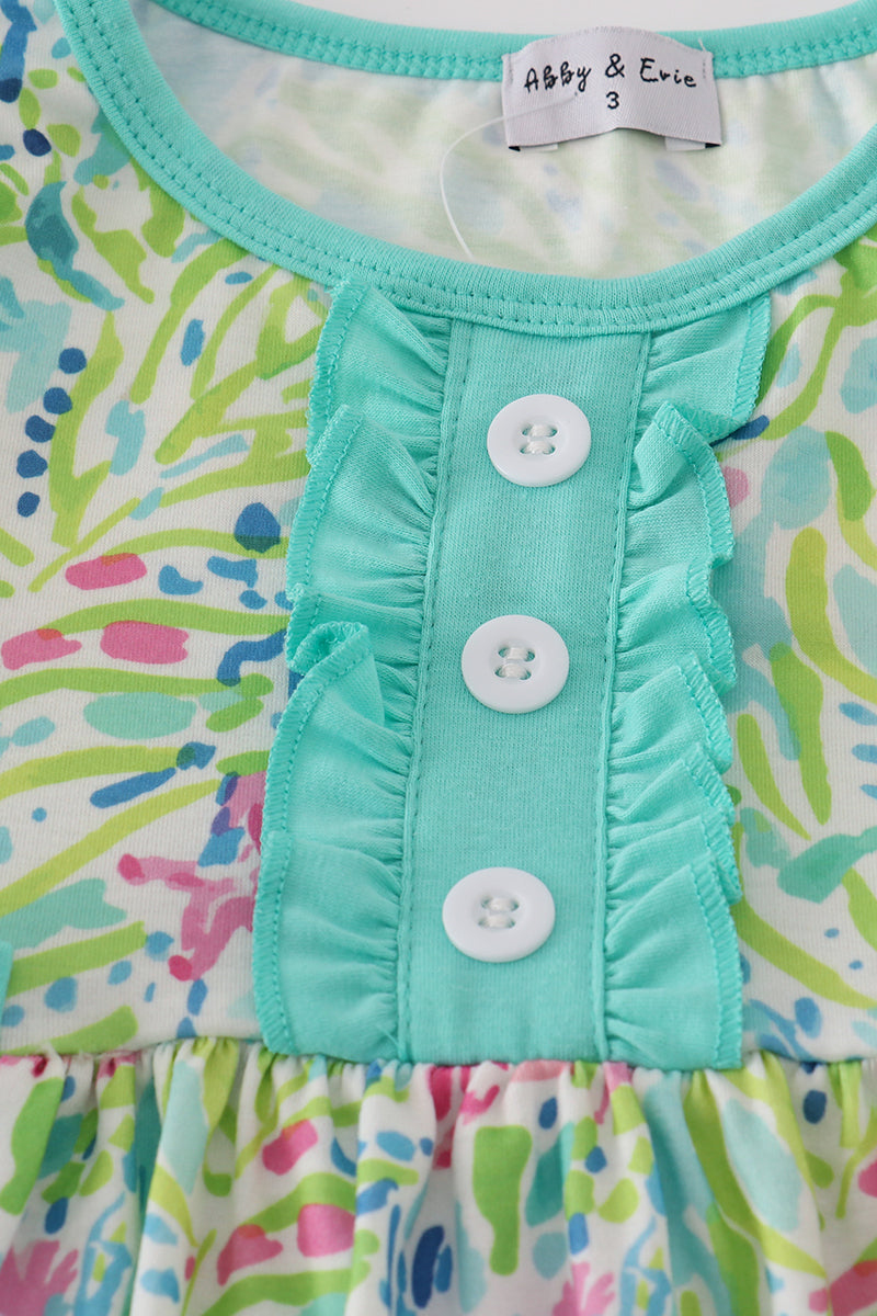 Green Flower Splash Ruffled Dress