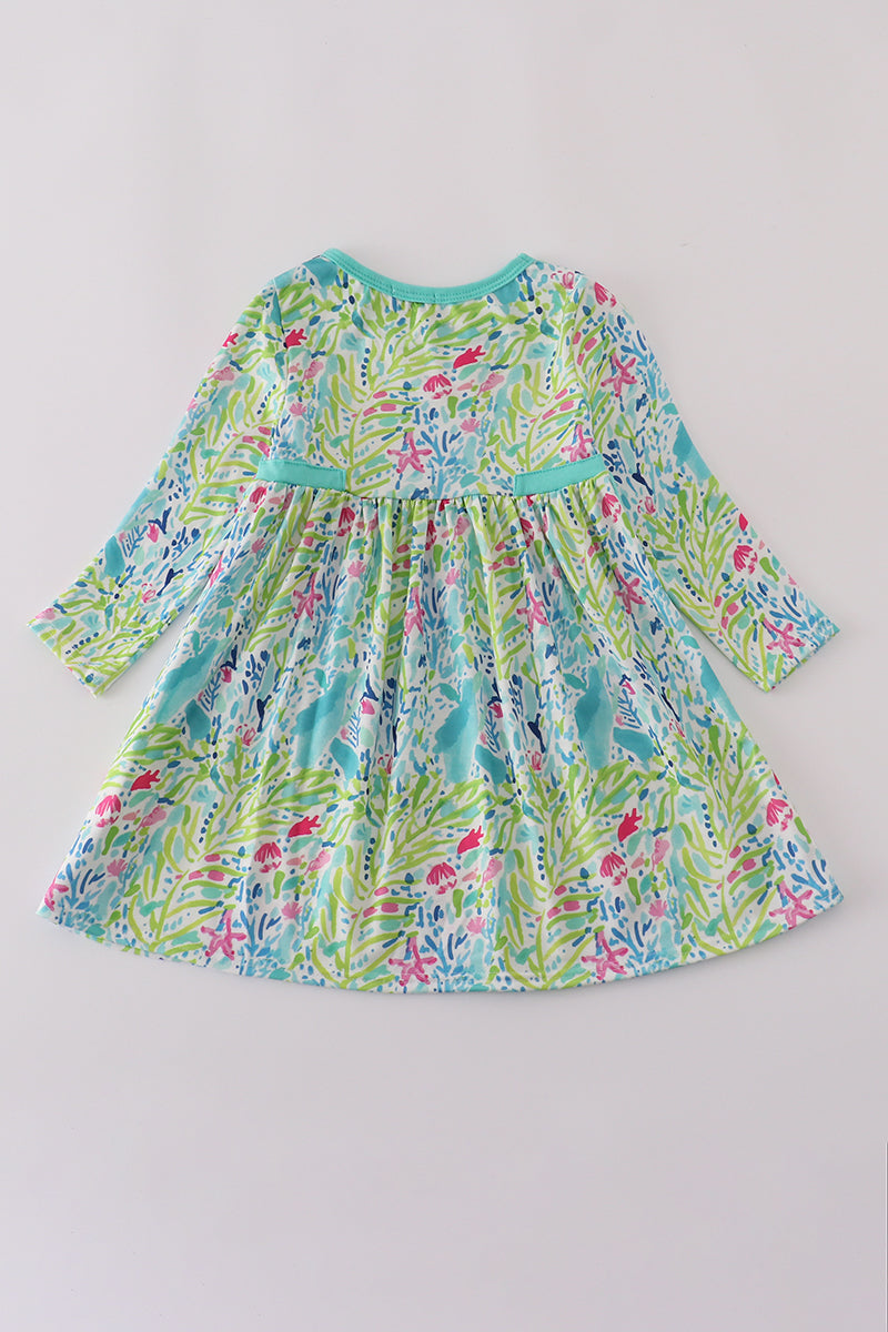Green Flower Splash Ruffled Dress
