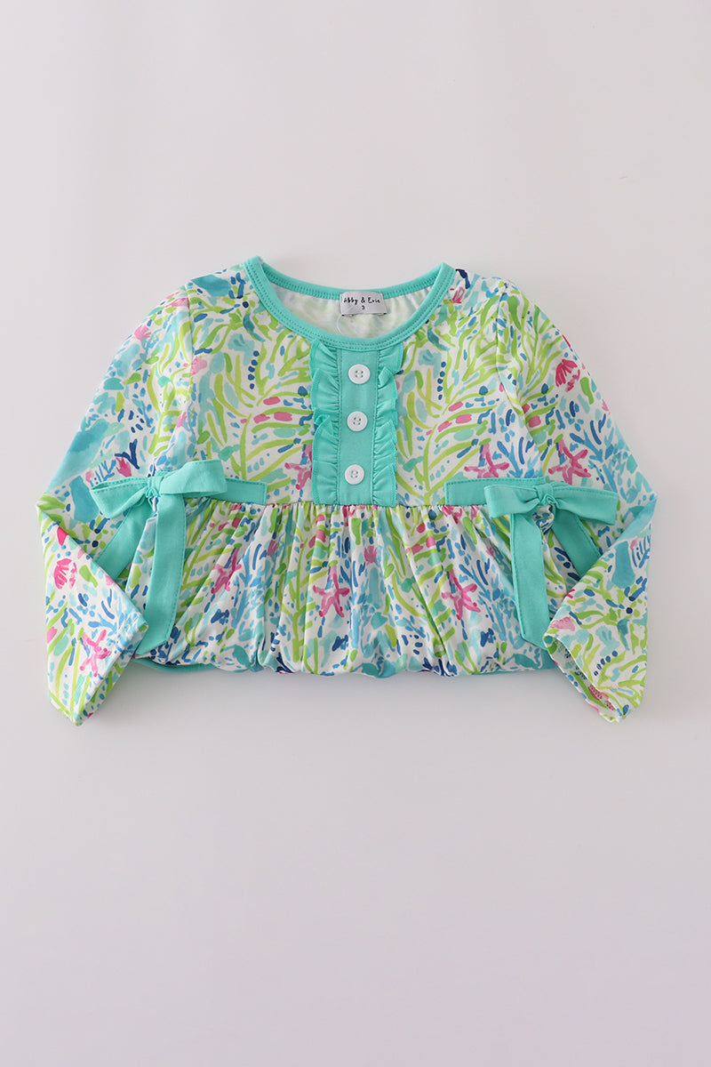 Green Flower Splash Ruffled Dress