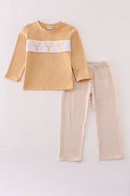Khaki deer embroidery stripe pants set