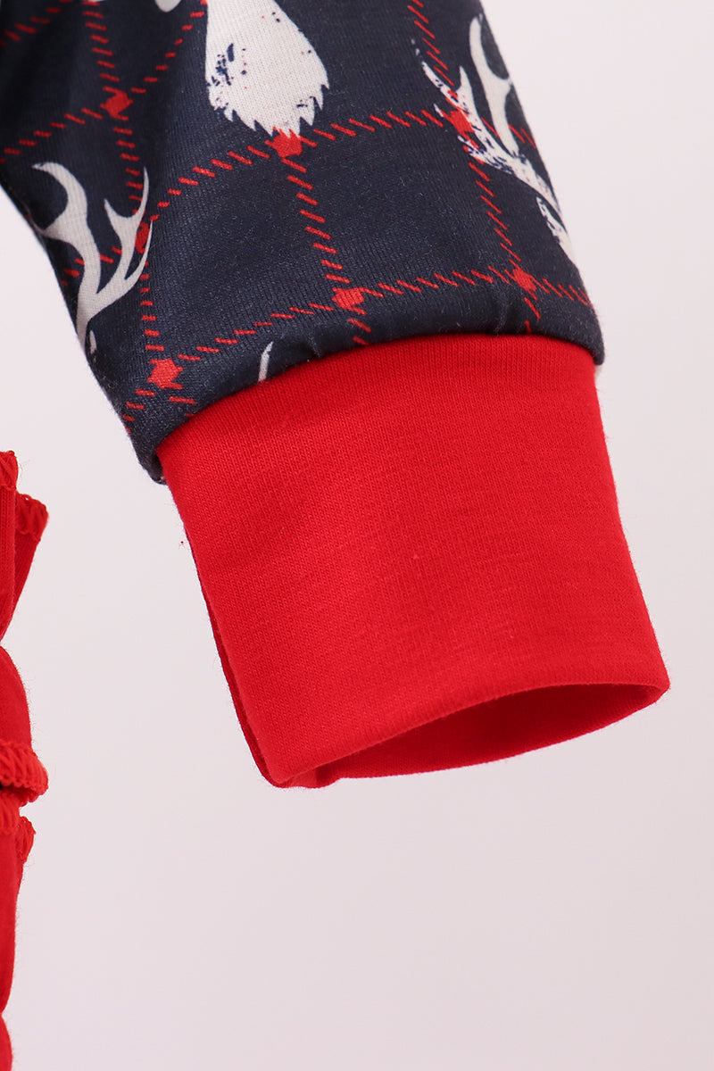 Navy deer print ruffle romper