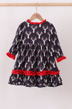 Navy deer print ruffle dress