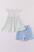 Blue floral bow print girl set