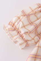 Khaki farm embroidery smocked plaid dress