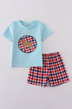 Blue puppy gingham applique shorts set