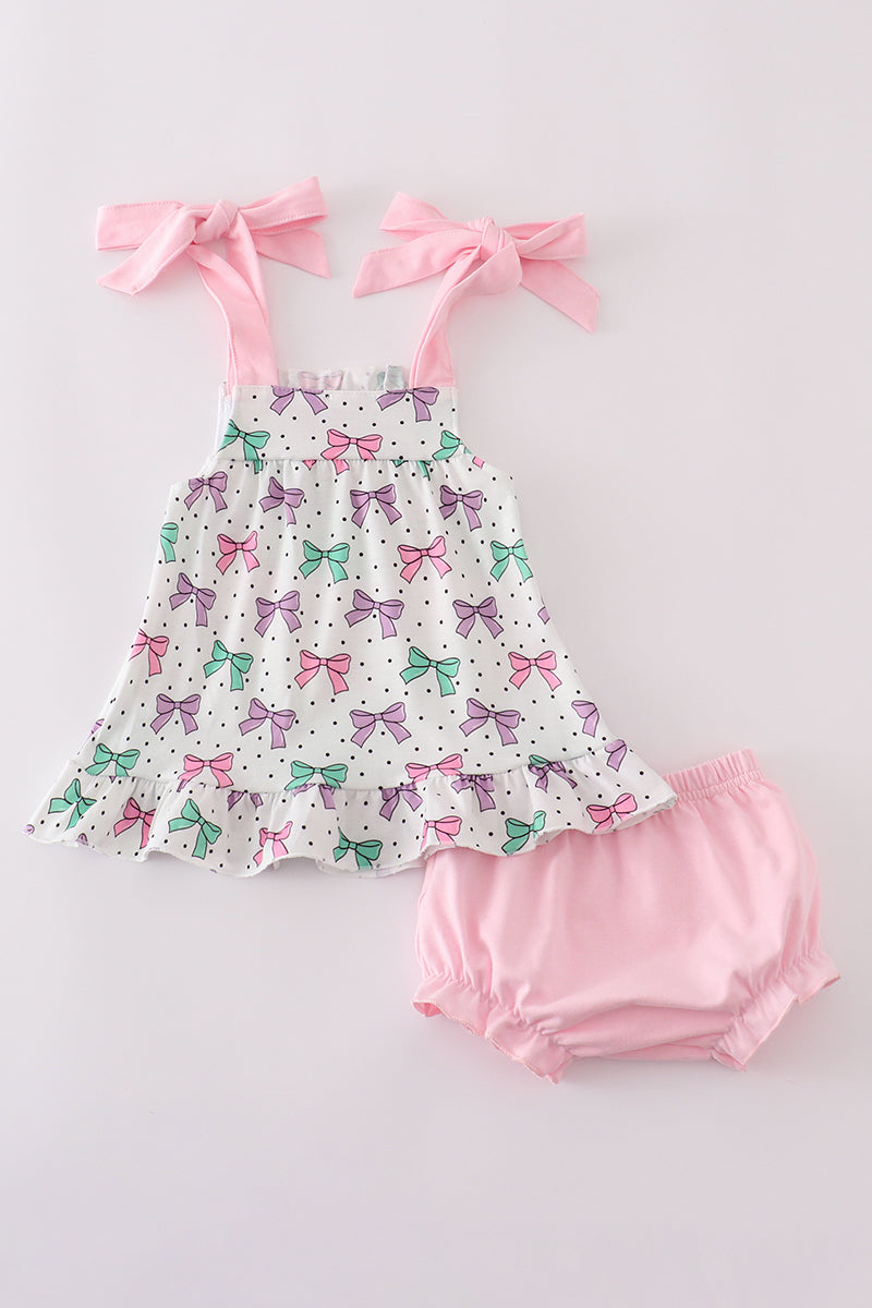 Pink bow embroidery print bloomer set