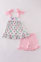 Pink bow embroidery ruffle shorts set
