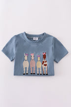 Blue farm horses embroidery shorts set