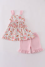 Pink baseball print gingham ruffle shorts set