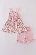 Pink baseball print gingham ruffle shorts set
