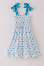 Blue floral bow tie strap mom dress