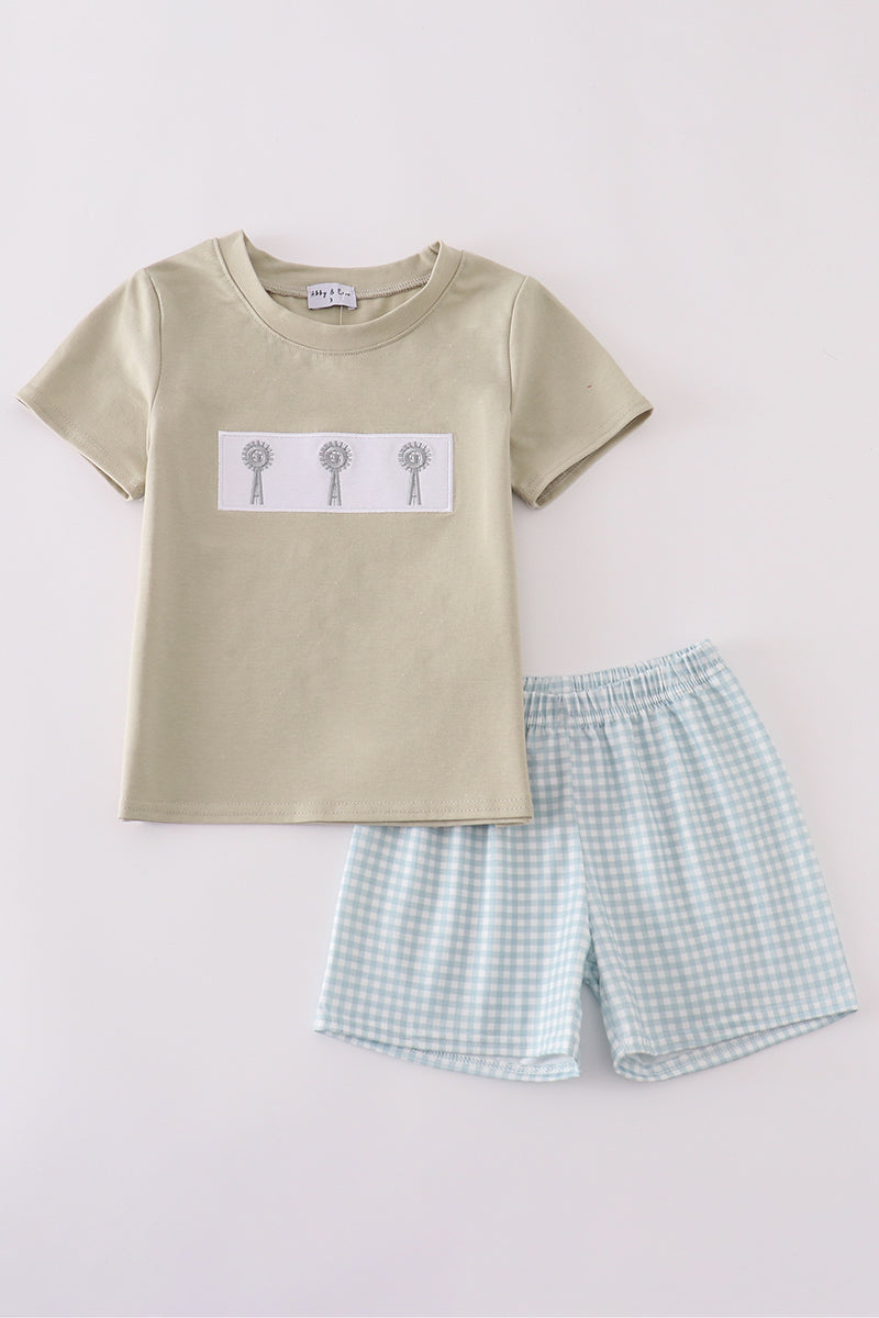 Green farm windmill embroidery shorts set