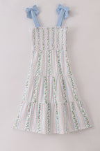 Blue floral print smocked women dress