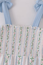 Blue floral print smocked women dress