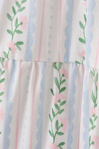 Blue floral print smocked women dress