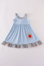 Blue apple floral applique ruffle dress