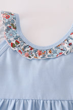 Blue apple floral applique ruffle dress