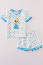 Blue character applique shorts set