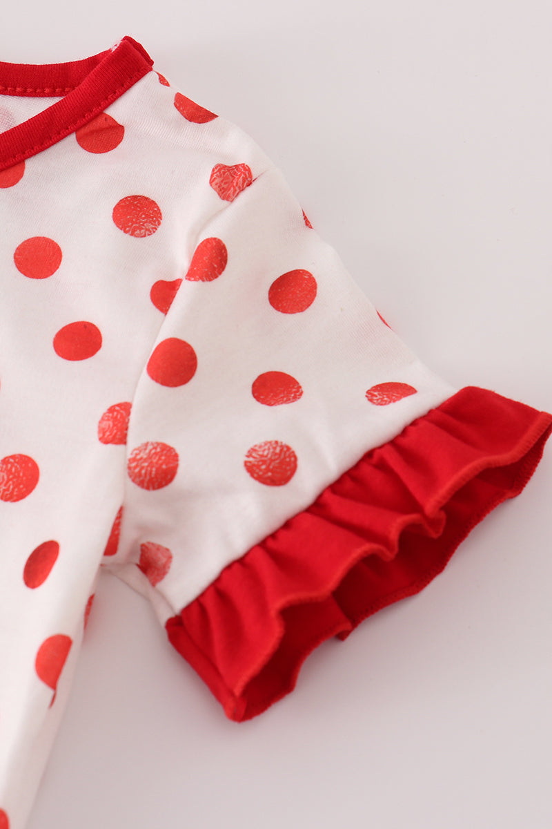 Red character applique dot romper