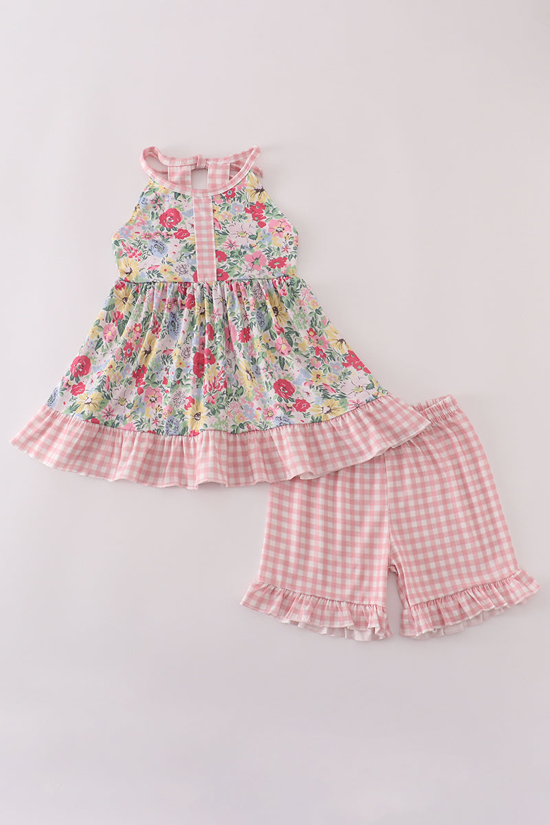 Pink floral bow ruffle shorts set