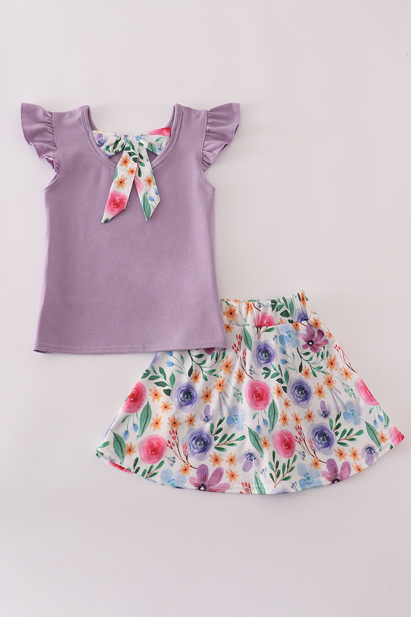 Purple floral bow applique active skorts set