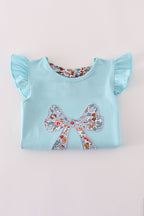 Blue floral bow applique active skorts set