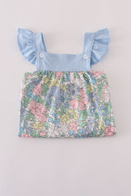 Blue floral print ruffle dress