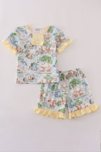 Yellow character print ruffle shorts set