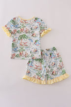 Yellow character print ruffle shorts set