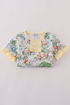 Yellow character print ruffle shorts set