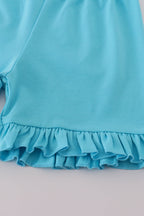 Blue character embroidery bow ruffle shorts set
