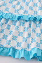 Blue character embroidery ruffle tiered dress