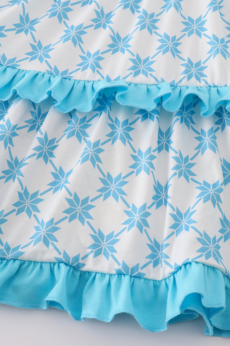 Blue character embroidery ruffle tiered dress