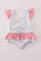 Floral stripe ruffle swimsuit UPF50+