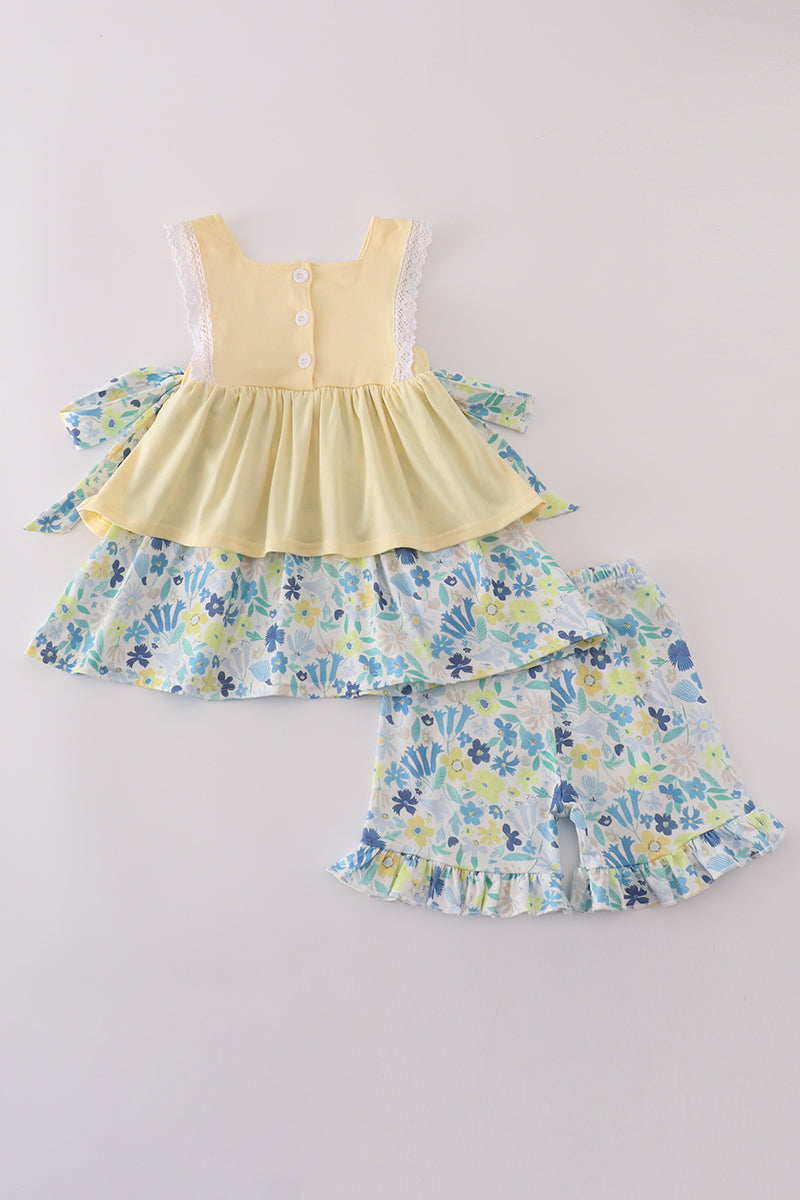 Yellow floral character applique shorts set