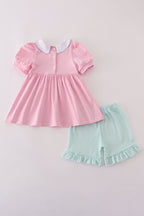 Pink teapot embroidery puff sleeve shorts set