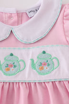 Pink teapot embroidery puff sleeve shorts set