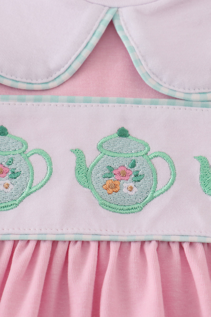 Pink teapot embroidery puff sleeve dress