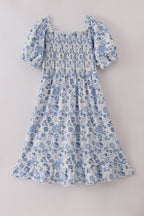 Blue smocked floral print mom dress
