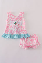 Pink strawberry milk cow embroidery bloomer set