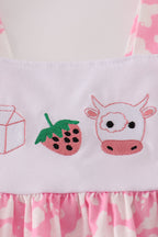 Pink strawberry milk cow embroidery ruffle shorts set