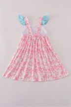 Pink strawberry milk cow embroidery ruffle dress